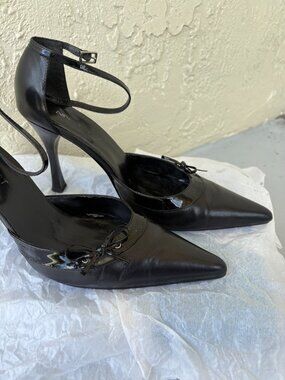 Nine West Ginatao Leather Pointed Toe Ankle Strap Heels Blue Green Sz 8.5 M Y2K